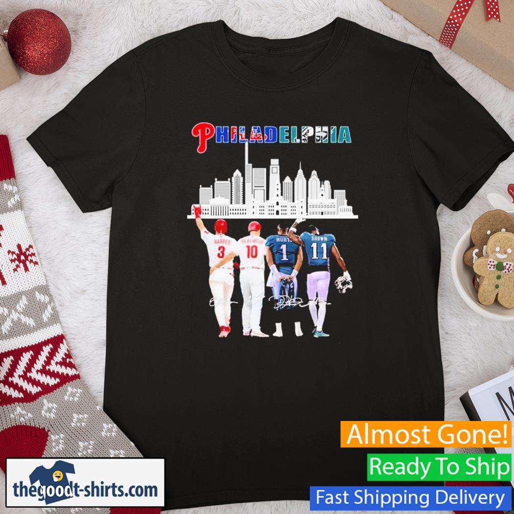 Funny Philadelphia Skyline Philadelphia Phillies And Philadelphia Eagles Signatures 2022 Shirt